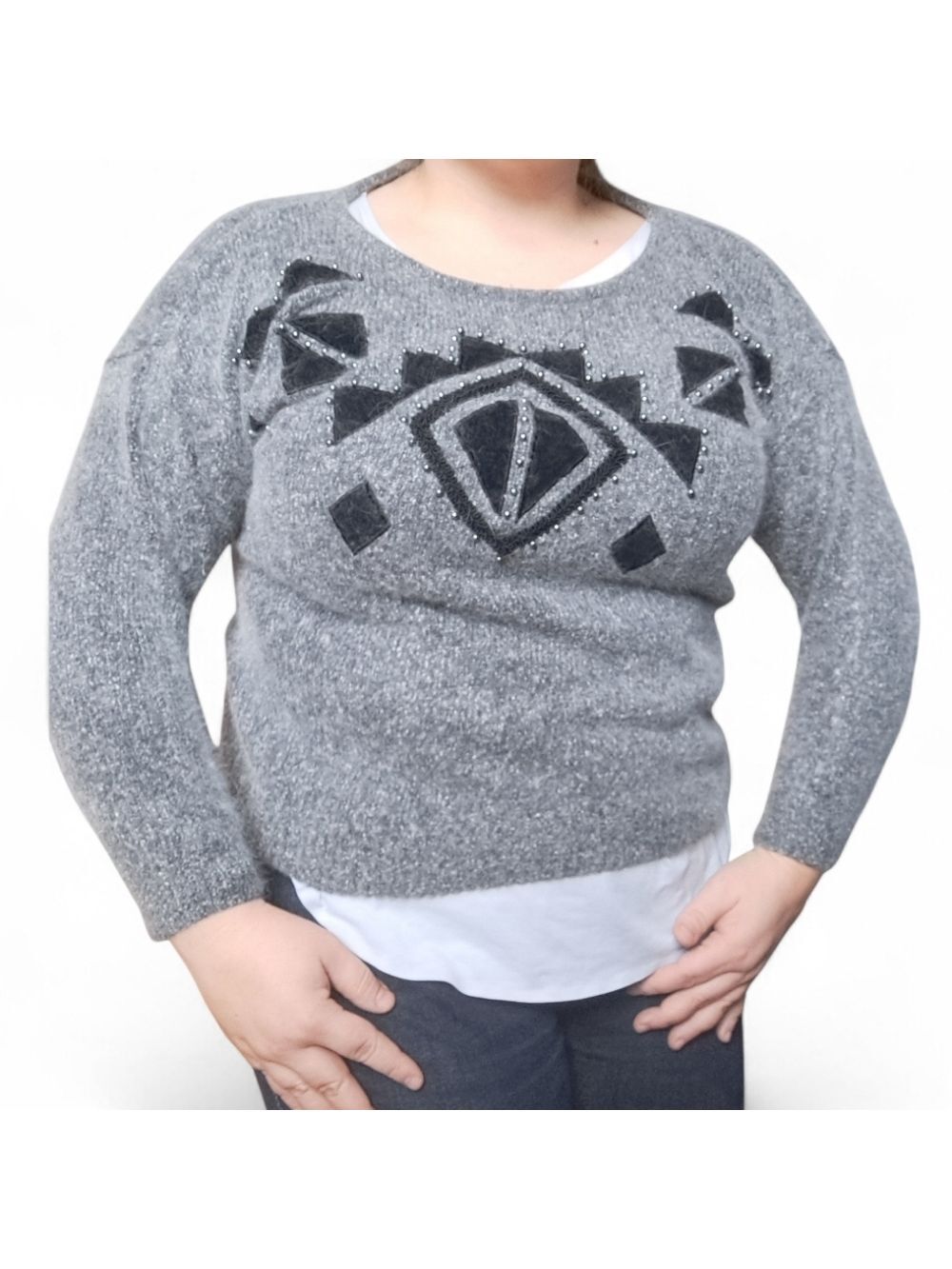 Vintage Private Party Grey Silk Blend Sweater | Geometric Beaded Neckline Large